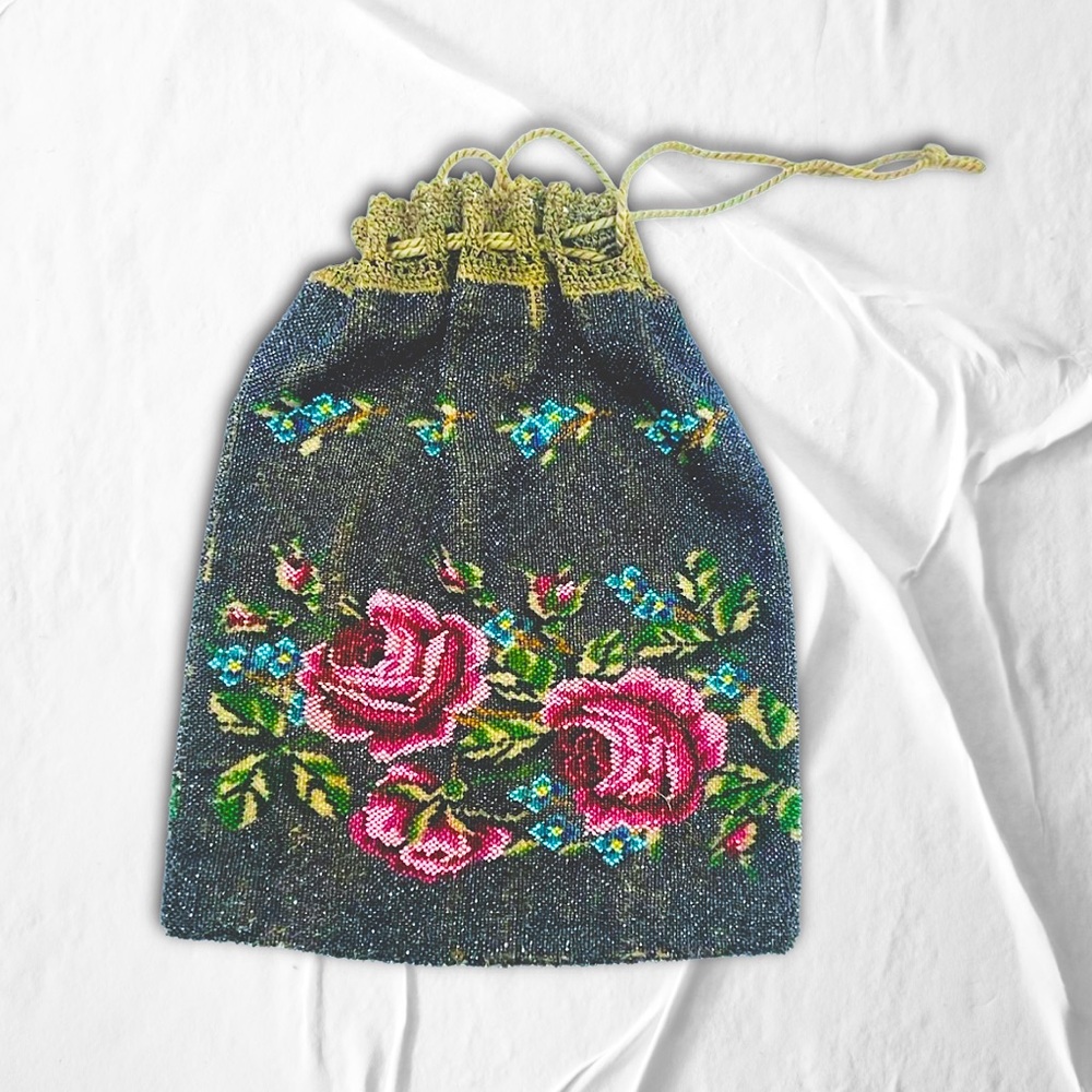 Antique Floral Micro-Bead Pouch w/Gold Knit Drawstring